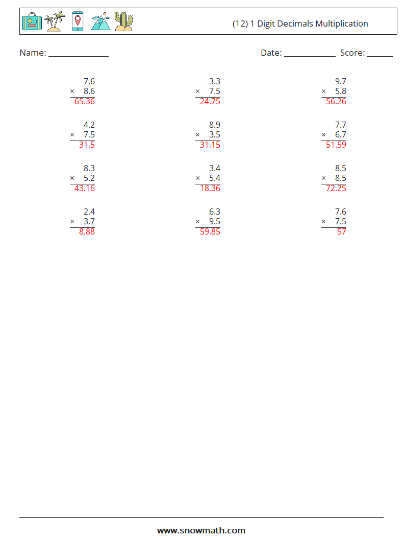 (12) 1 Digit Decimals Multiplication Math Worksheets 5 Question, Answer