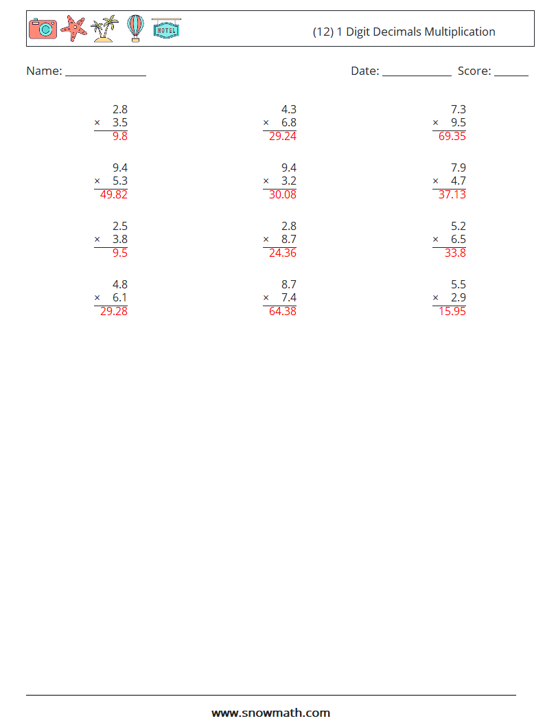 (12) 1 Digit Decimals Multiplication Math Worksheets 6 Question, Answer