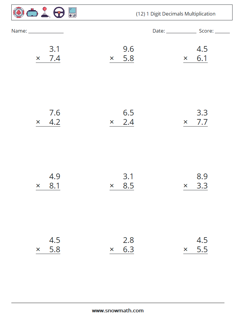 (12) 1 Digit Decimals Multiplication Math Worksheets 7