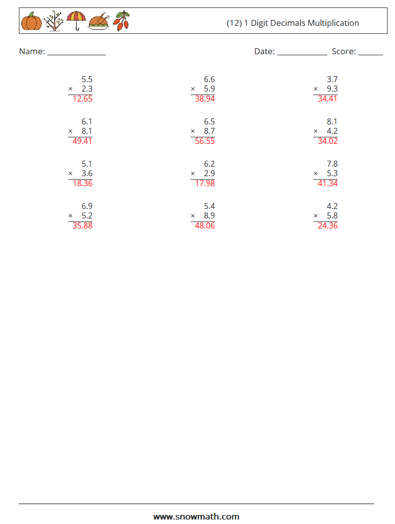 (12) 1 Digit Decimals Multiplication Math Worksheets 8 Question, Answer