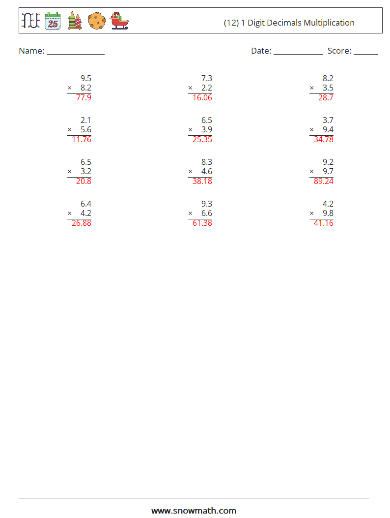 (12) 1 Digit Decimals Multiplication Math Worksheets 9 Question, Answer