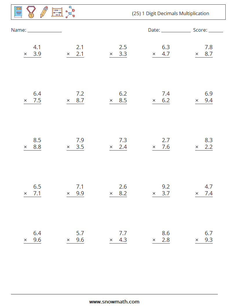 (25) 1 Digit Decimals Multiplication Math Worksheets 1
