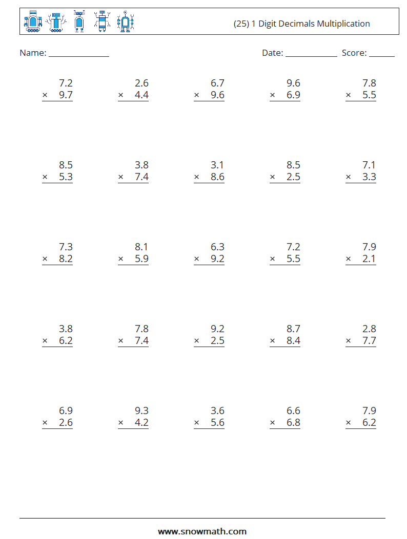 (25) 1 Digit Decimals Multiplication Math Worksheets 10