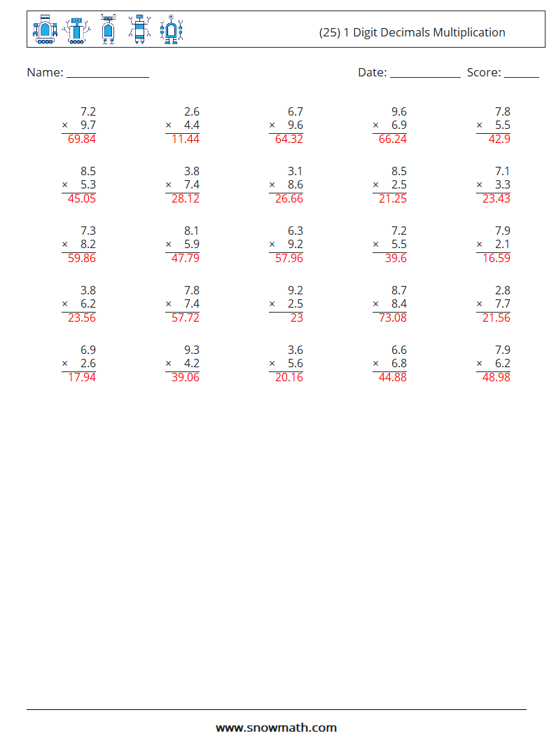 (25) 1 Digit Decimals Multiplication Math Worksheets 10 Question, Answer