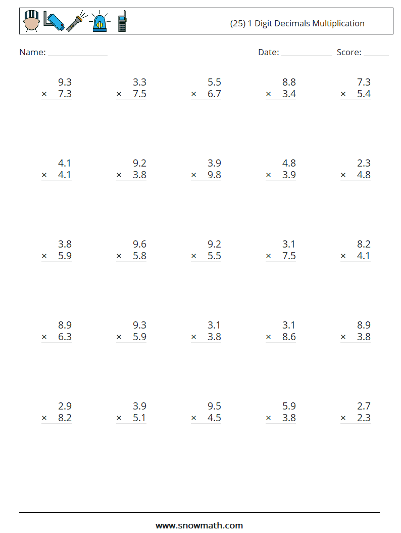 (25) 1 Digit Decimals Multiplication Math Worksheets 11