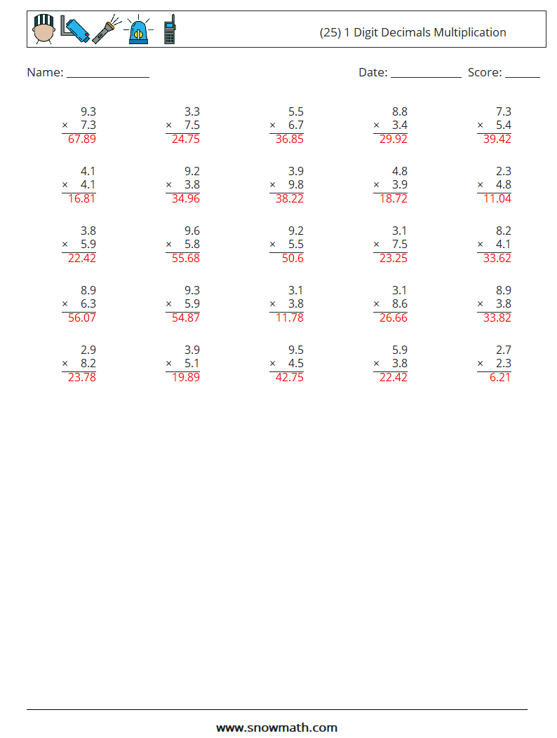 (25) 1 Digit Decimals Multiplication Math Worksheets 11 Question, Answer