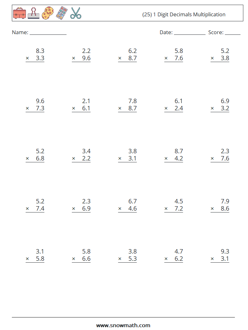 (25) 1 Digit Decimals Multiplication Math Worksheets 12
