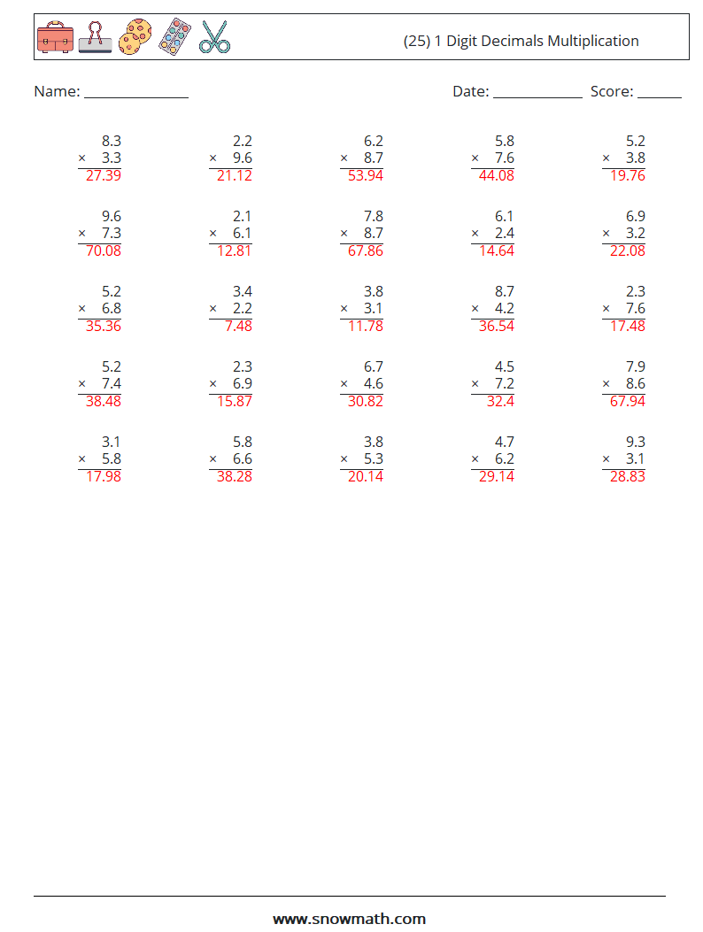 (25) 1 Digit Decimals Multiplication Math Worksheets 12 Question, Answer