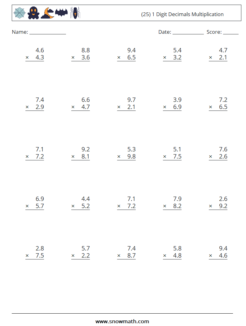 (25) 1 Digit Decimals Multiplication Math Worksheets 13