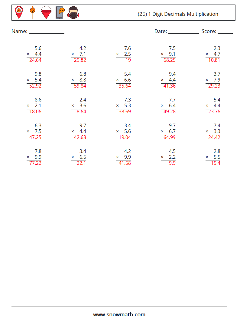 (25) 1 Digit Decimals Multiplication Math Worksheets 14 Question, Answer