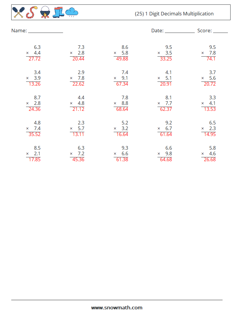 (25) 1 Digit Decimals Multiplication Math Worksheets 15 Question, Answer