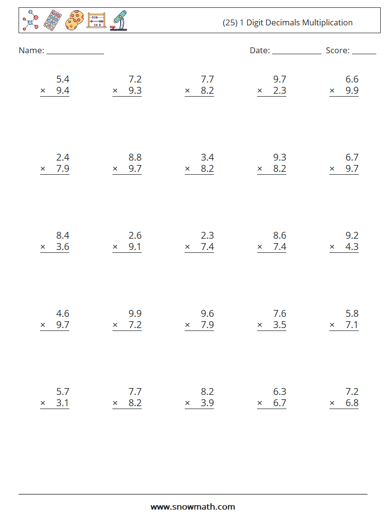 (25) 1 Digit Decimals Multiplication Math Worksheets 16