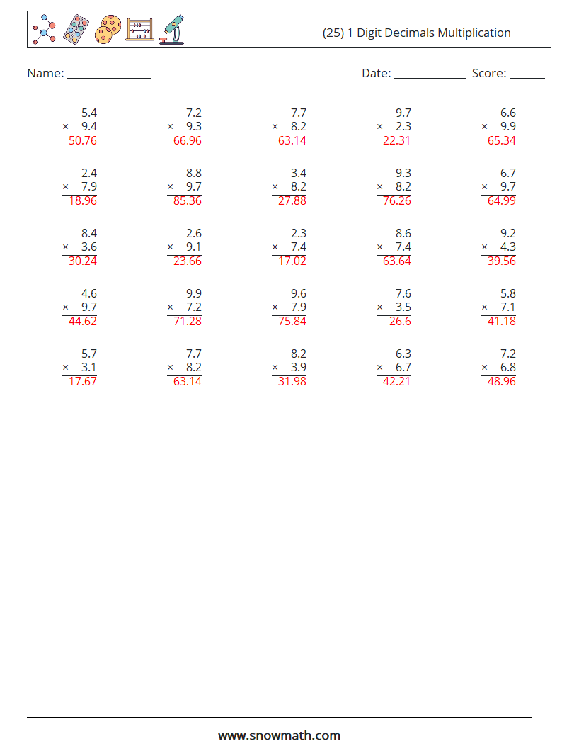 (25) 1 Digit Decimals Multiplication Math Worksheets 16 Question, Answer