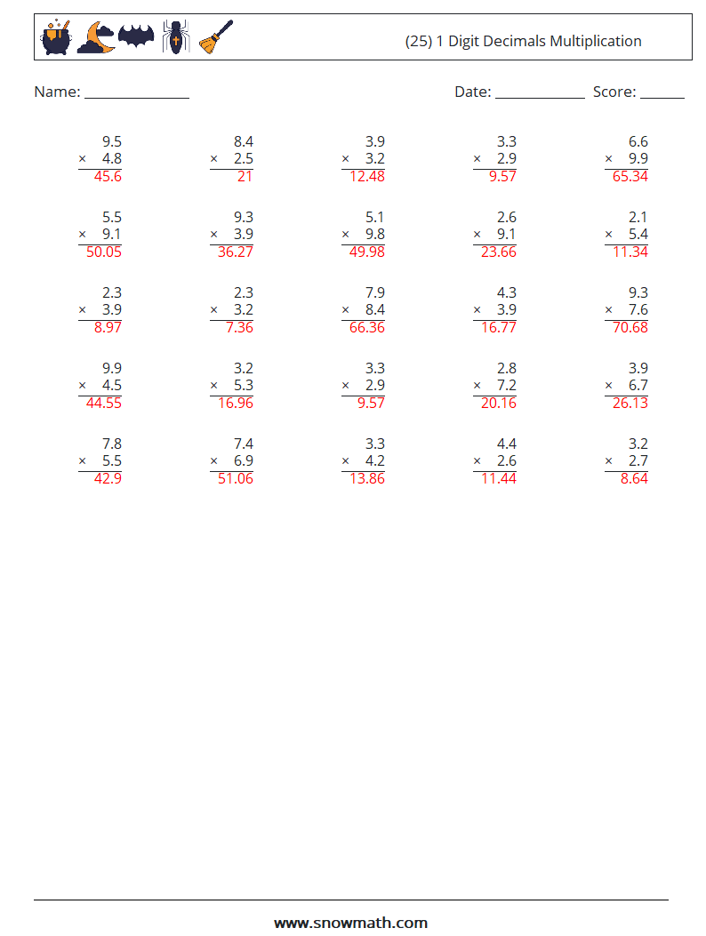 (25) 1 Digit Decimals Multiplication Math Worksheets 18 Question, Answer