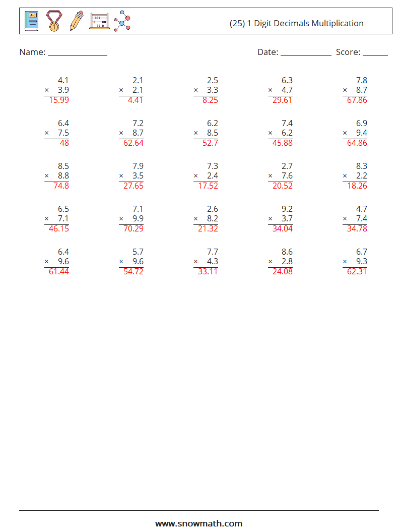 (25) 1 Digit Decimals Multiplication Math Worksheets 1 Question, Answer