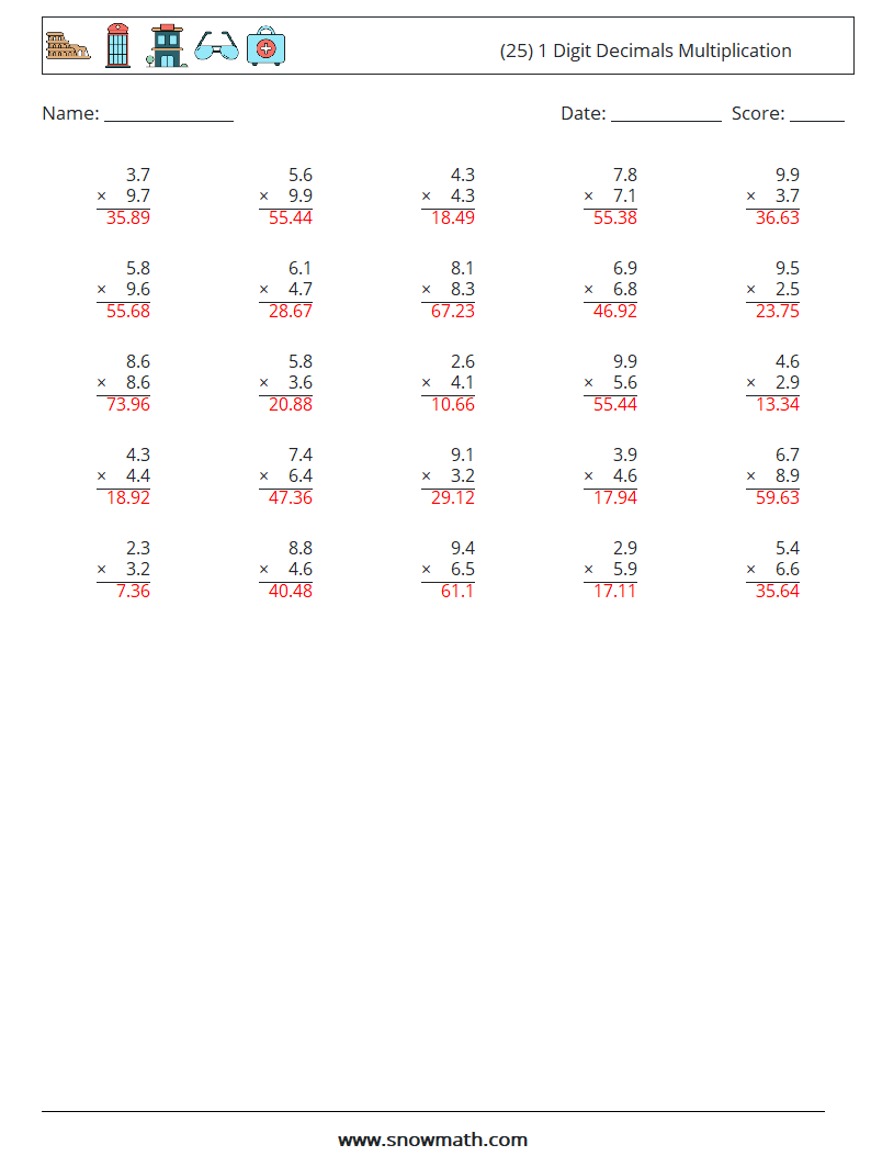 (25) 1 Digit Decimals Multiplication Math Worksheets 2 Question, Answer