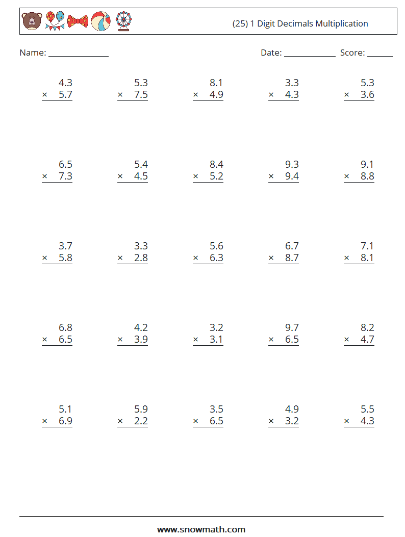 (25) 1 Digit Decimals Multiplication Math Worksheets 3