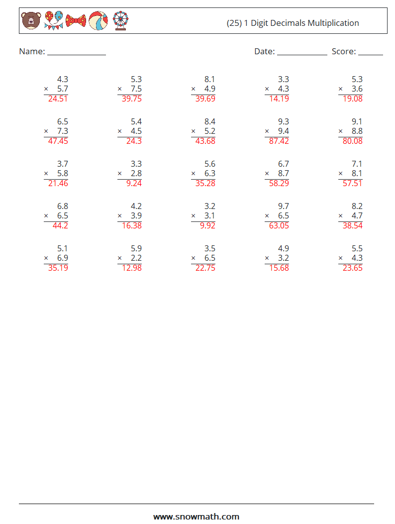 (25) 1 Digit Decimals Multiplication Math Worksheets 3 Question, Answer