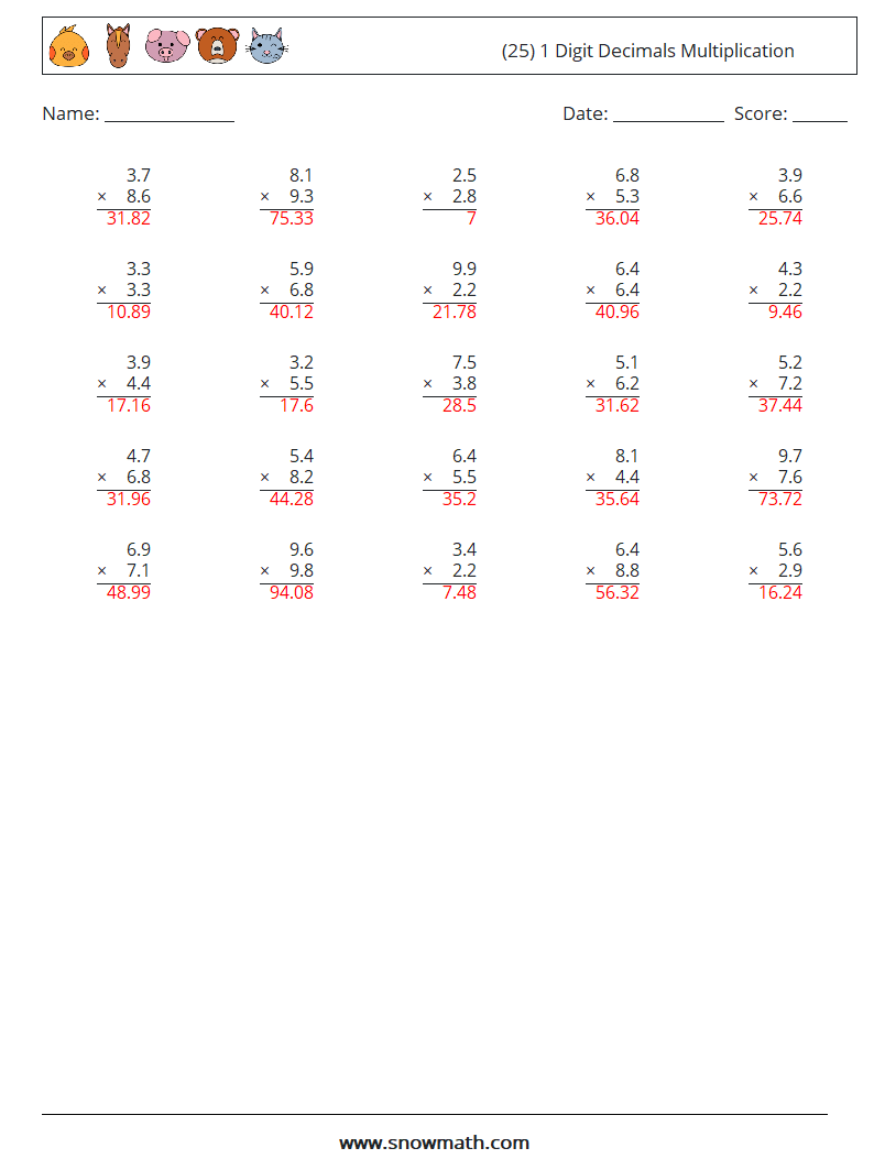 (25) 1 Digit Decimals Multiplication Math Worksheets 4 Question, Answer