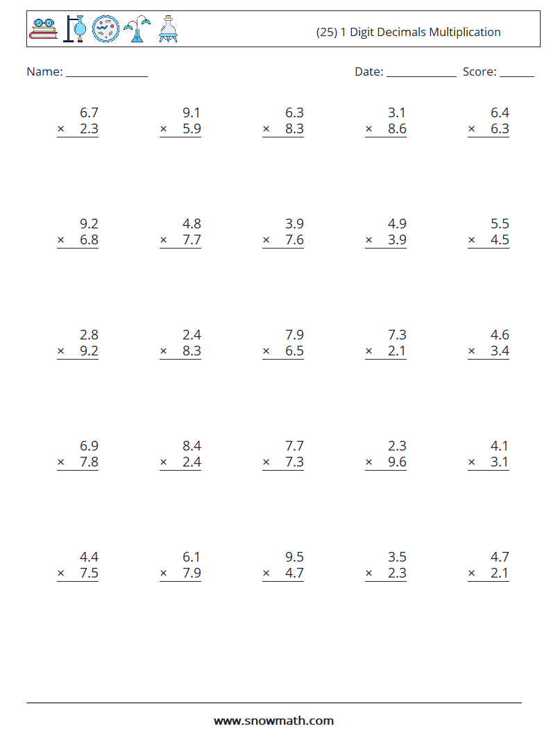 (25) 1 Digit Decimals Multiplication Math Worksheets 5