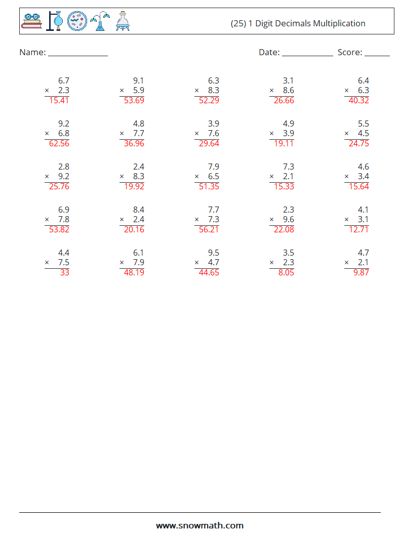 (25) 1 Digit Decimals Multiplication Math Worksheets 5 Question, Answer