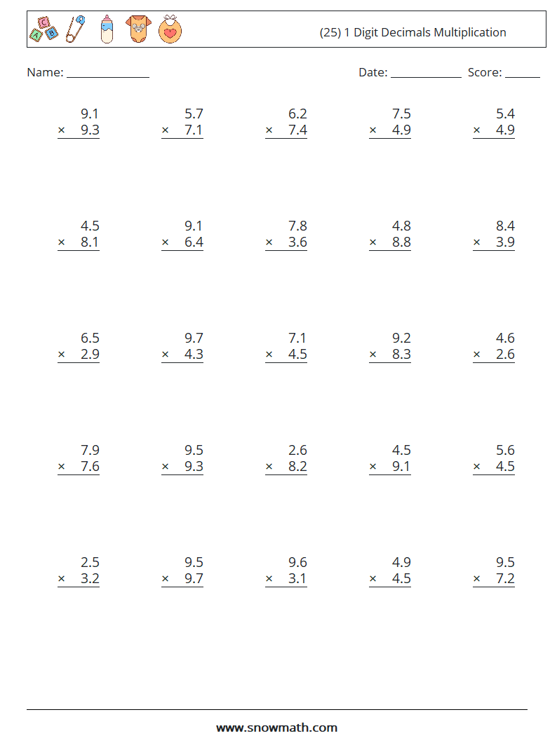 (25) 1 Digit Decimals Multiplication Math Worksheets 6