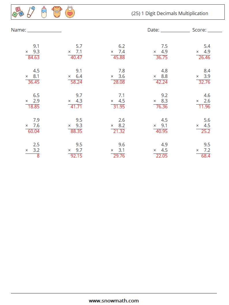 (25) 1 Digit Decimals Multiplication Math Worksheets 6 Question, Answer