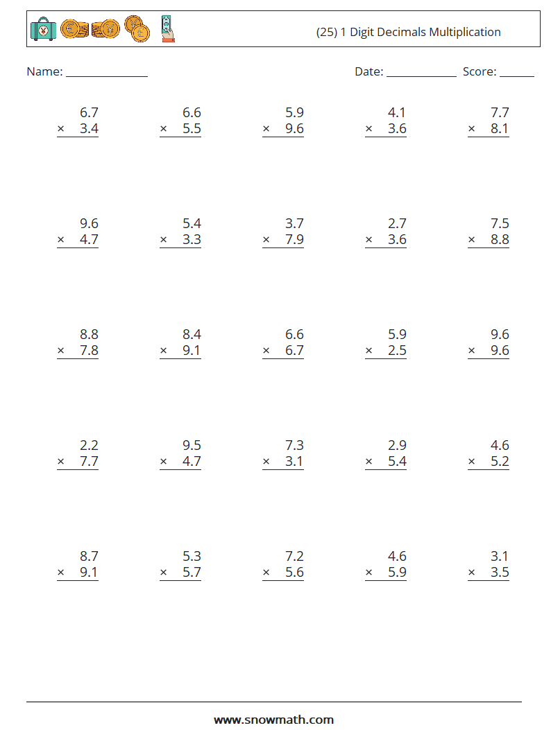 (25) 1 Digit Decimals Multiplication Math Worksheets 7