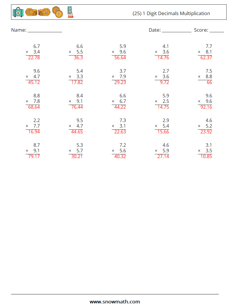 (25) 1 Digit Decimals Multiplication Math Worksheets 7 Question, Answer
