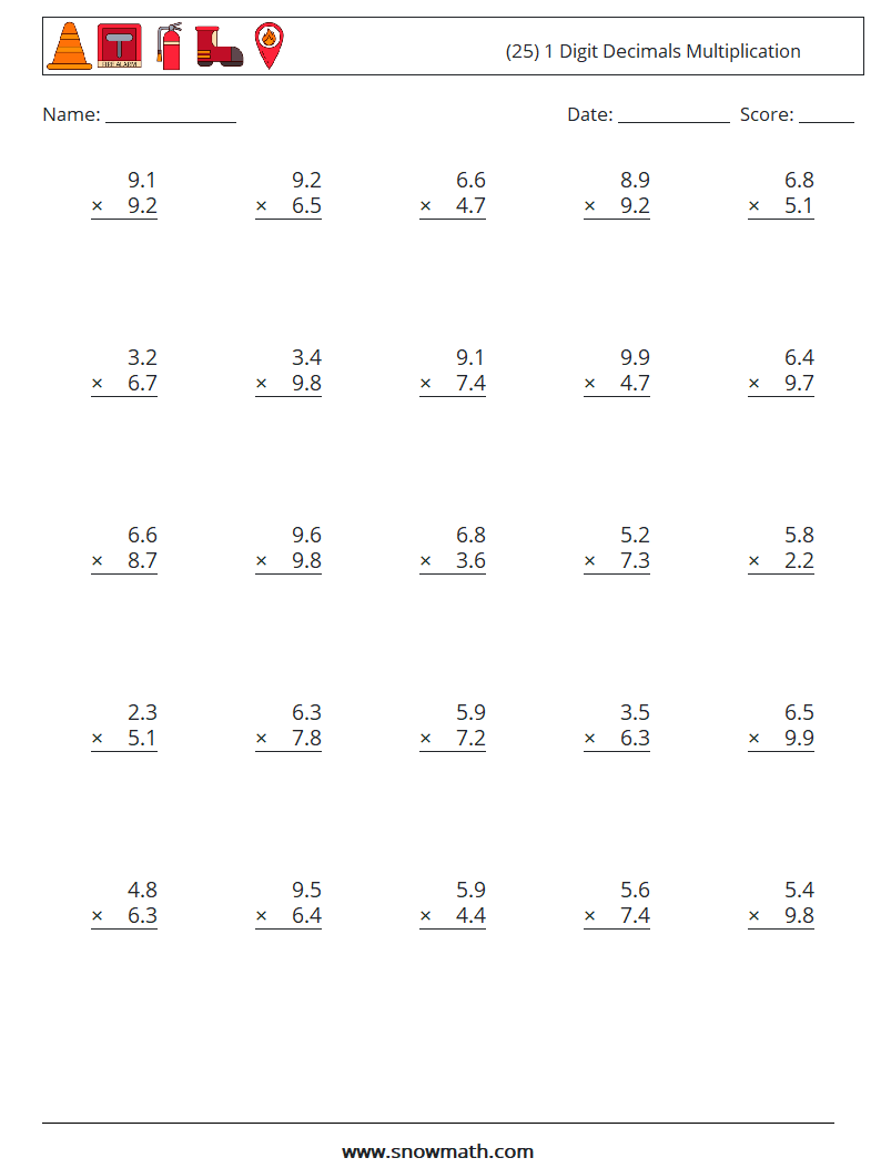 (25) 1 Digit Decimals Multiplication Math Worksheets 8