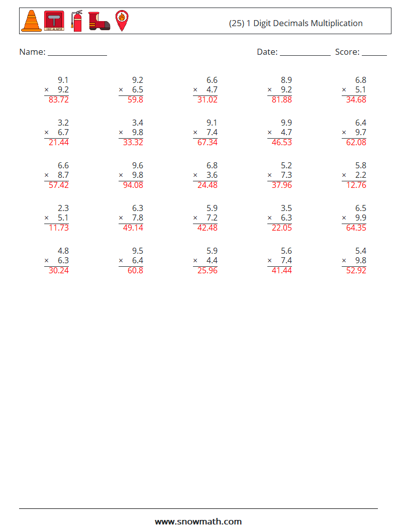 (25) 1 Digit Decimals Multiplication Math Worksheets 8 Question, Answer