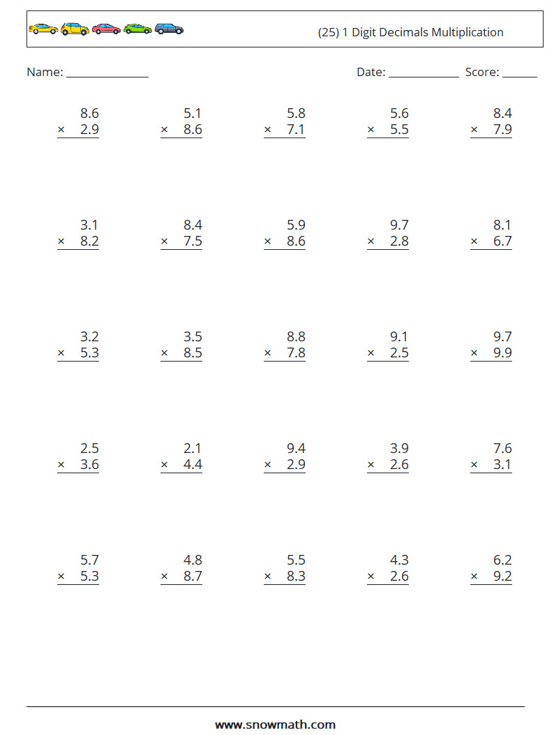 (25) 1 Digit Decimals Multiplication Math Worksheets 9