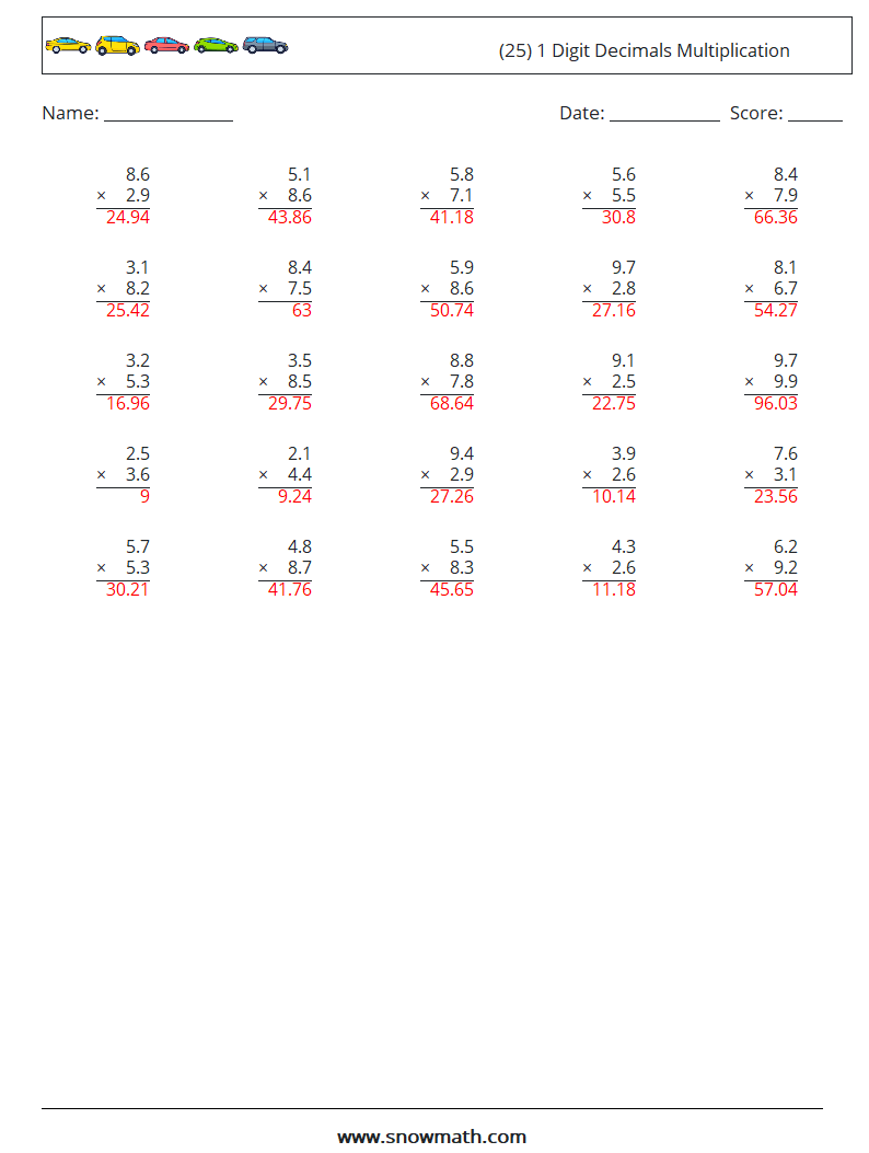 (25) 1 Digit Decimals Multiplication Math Worksheets 9 Question, Answer