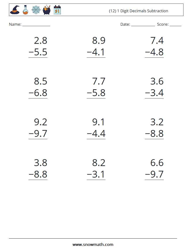(12) 1 Digit Decimals Subtraction Math Worksheets 1
