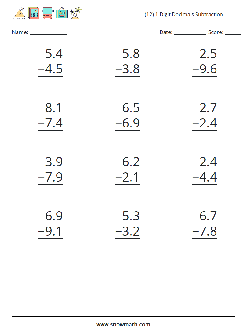 (12) 1 Digit Decimals Subtraction Math Worksheets 10