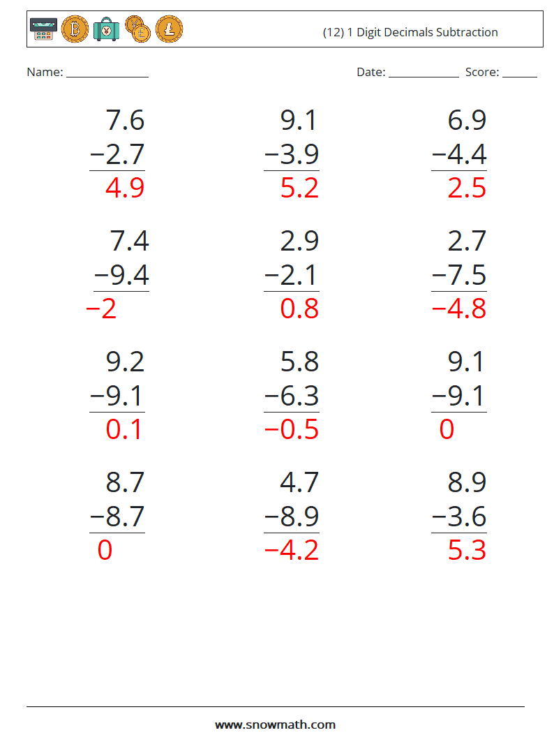 (12) 1 Digit Decimals Subtraction Math Worksheets 12 Question, Answer