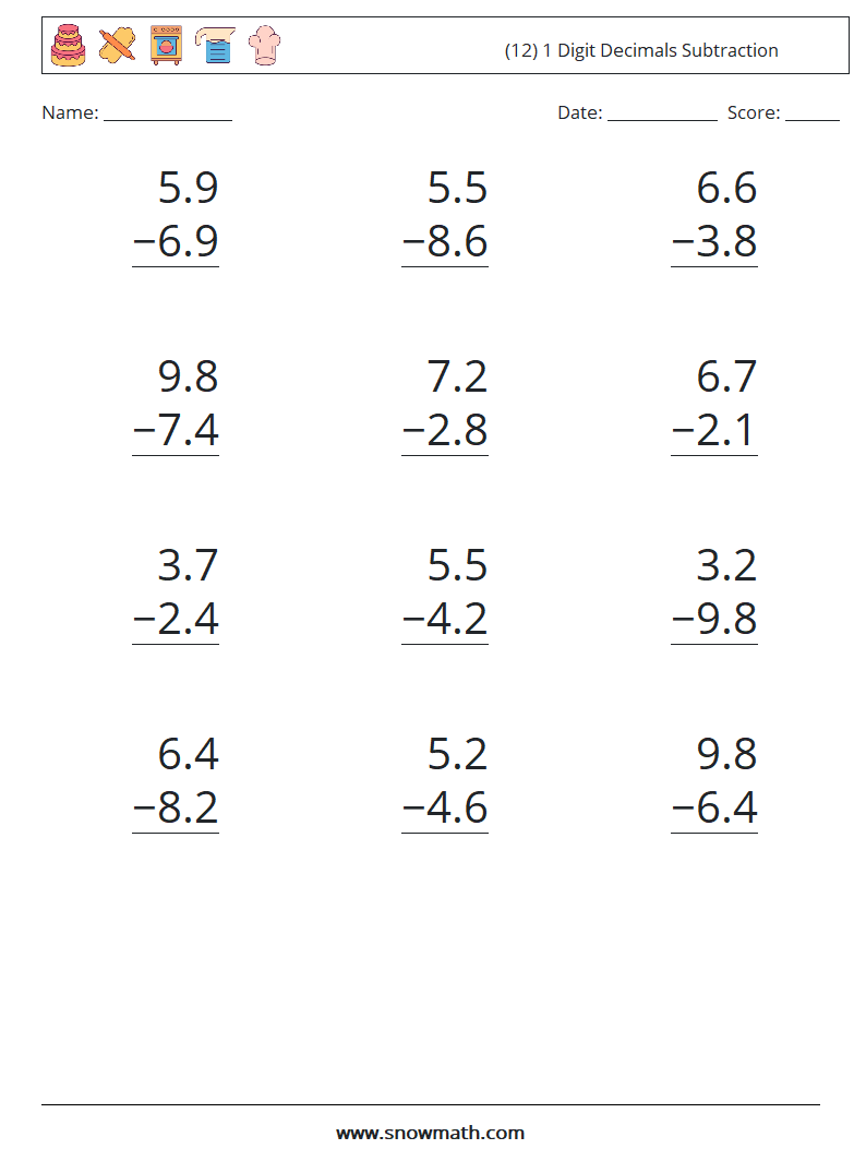 (12) 1 Digit Decimals Subtraction Math Worksheets 13