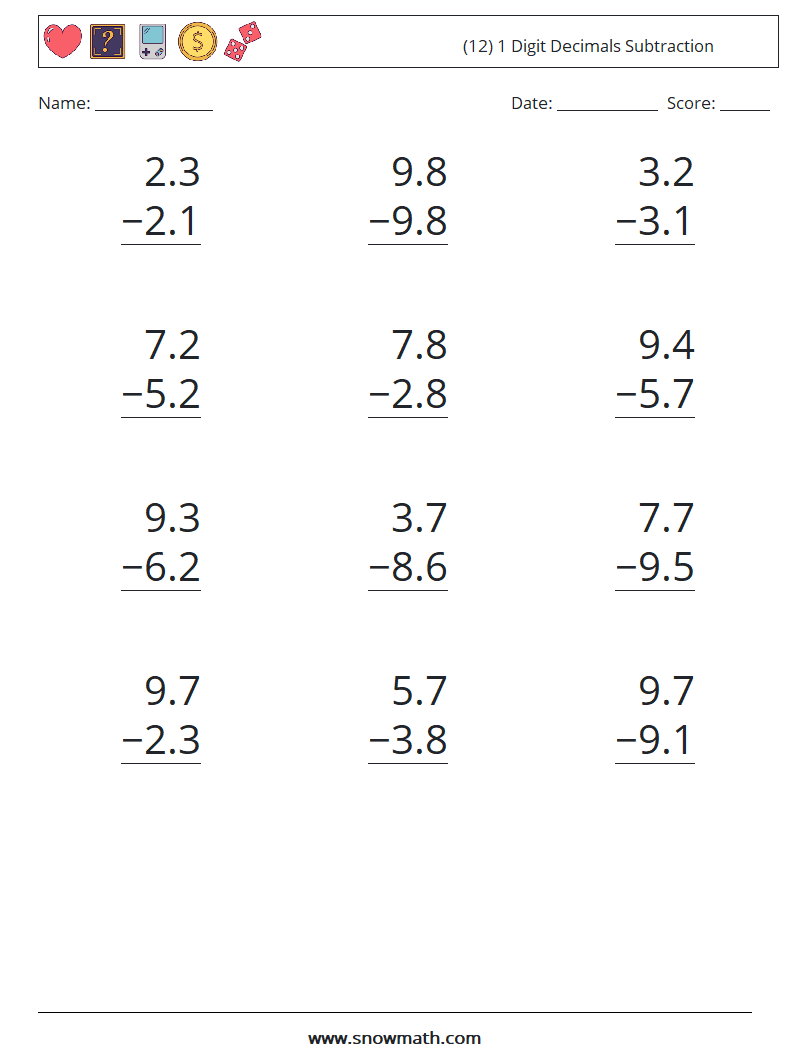 (12) 1 Digit Decimals Subtraction Math Worksheets 15