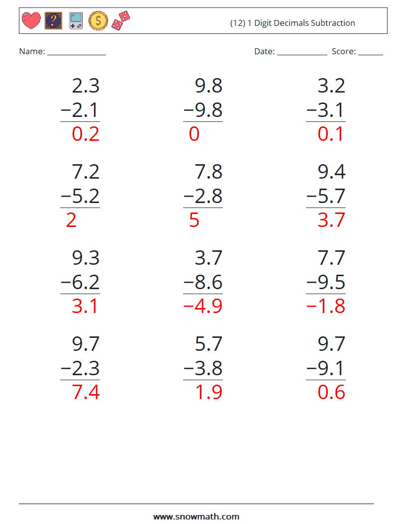 (12) 1 Digit Decimals Subtraction Math Worksheets 15 Question, Answer