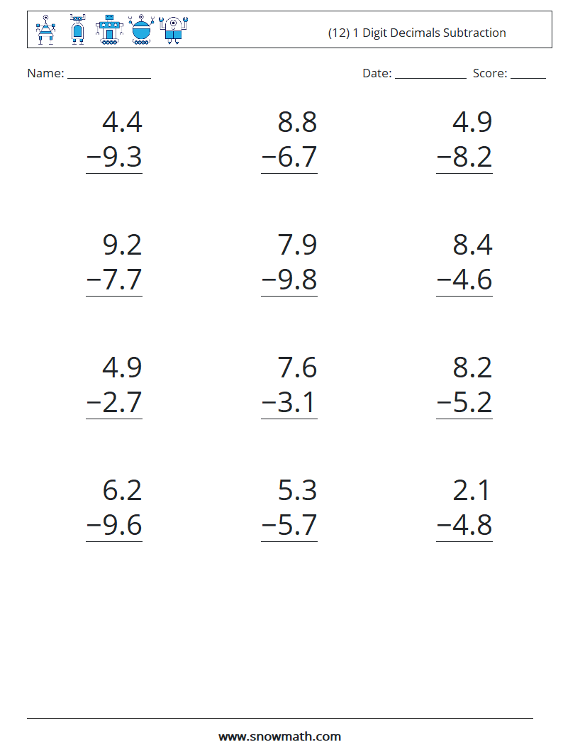 (12) 1 Digit Decimals Subtraction Math Worksheets 16