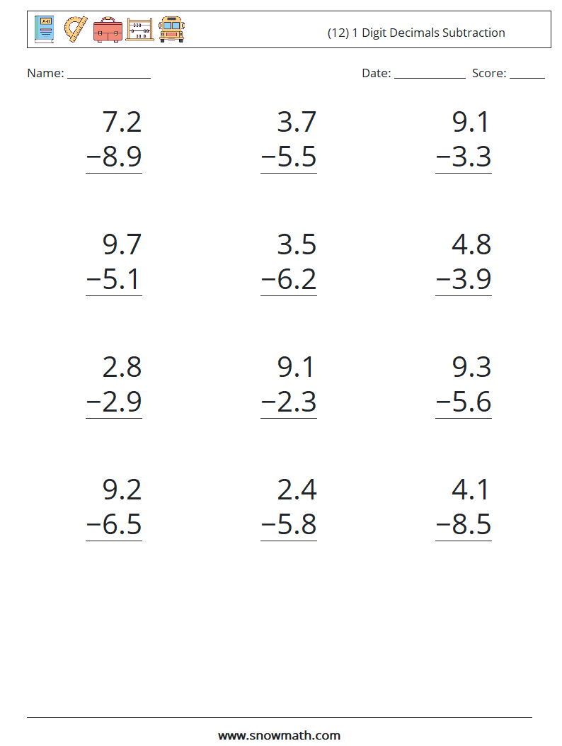 (12) 1 Digit Decimals Subtraction Math Worksheets 18