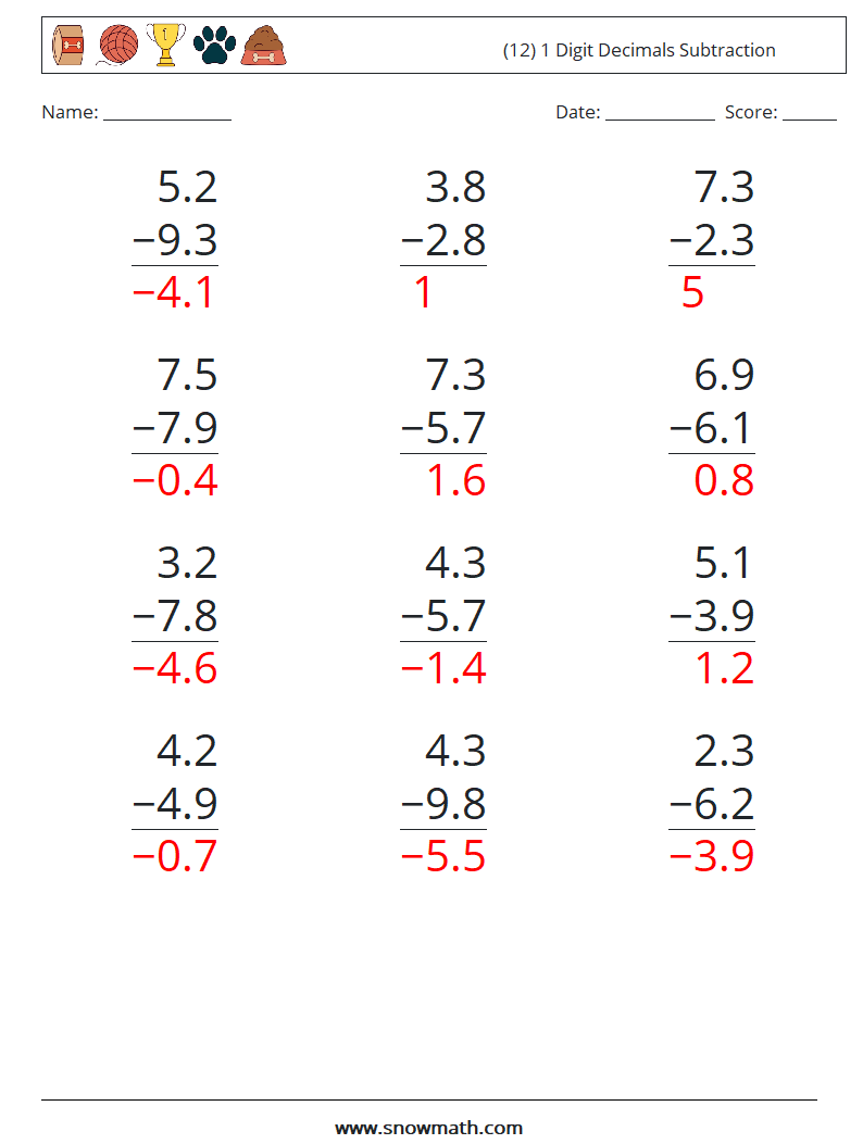 (12) 1 Digit Decimals Subtraction Math Worksheets 2 Question, Answer