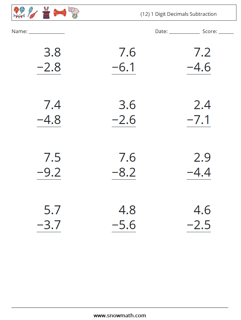 (12) 1 Digit Decimals Subtraction Math Worksheets 3