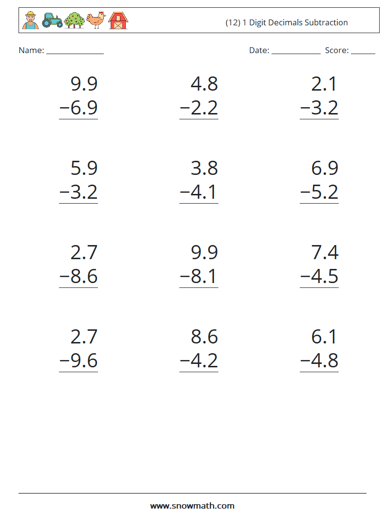 (12) 1 Digit Decimals Subtraction Math Worksheets 5