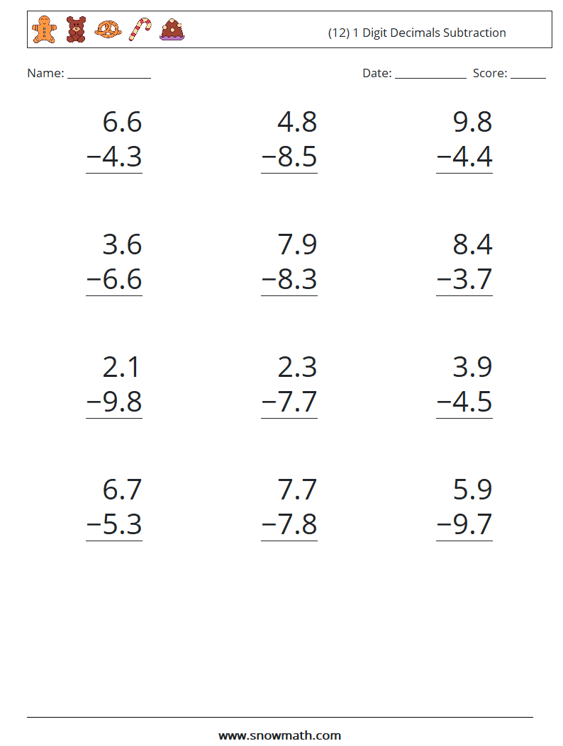 (12) 1 Digit Decimals Subtraction Math Worksheets 6