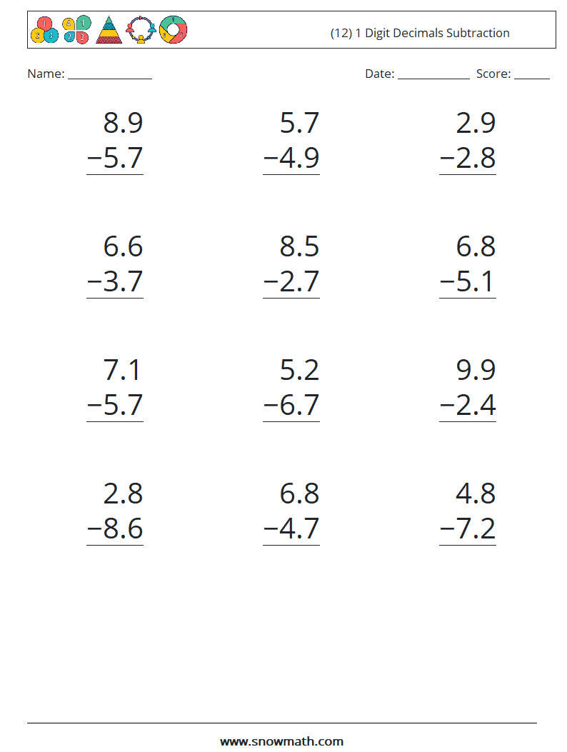 (12) 1 Digit Decimals Subtraction Math Worksheets 7