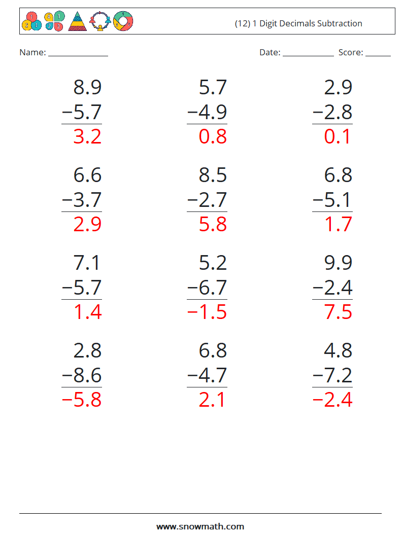 (12) 1 Digit Decimals Subtraction Math Worksheets 7 Question, Answer