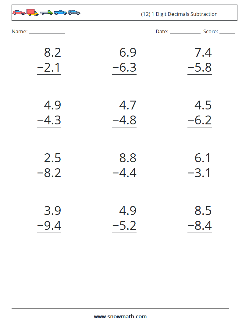 (12) 1 Digit Decimals Subtraction Math Worksheets 8