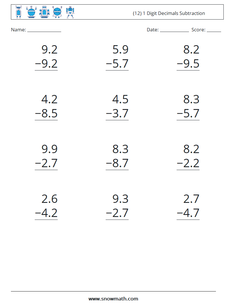 (12) 1 Digit Decimals Subtraction Math Worksheets 9