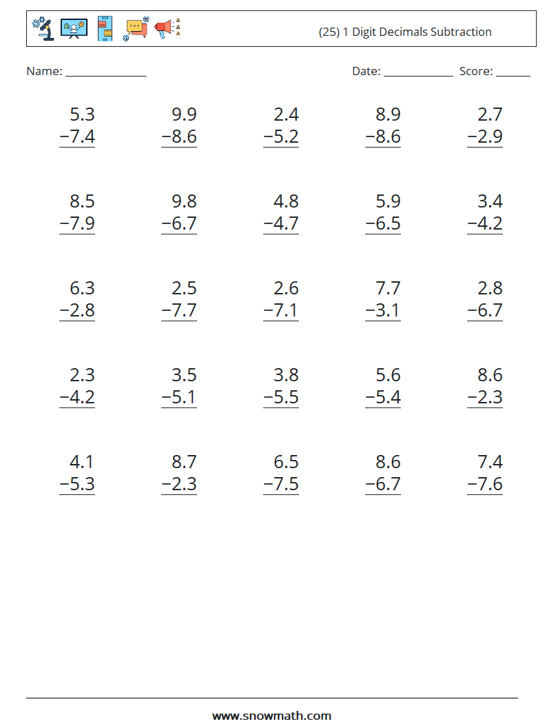 (25) 1 Digit Decimals Subtraction Math Worksheets 1